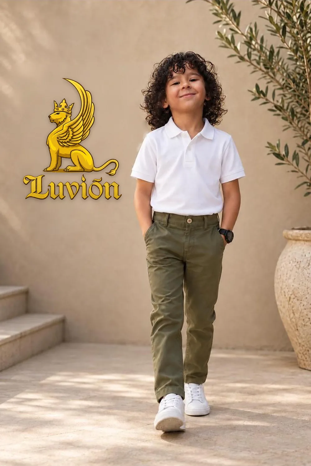 Jongen met krullen in een wit polohemd, met het logo van Kapsalon Luvion